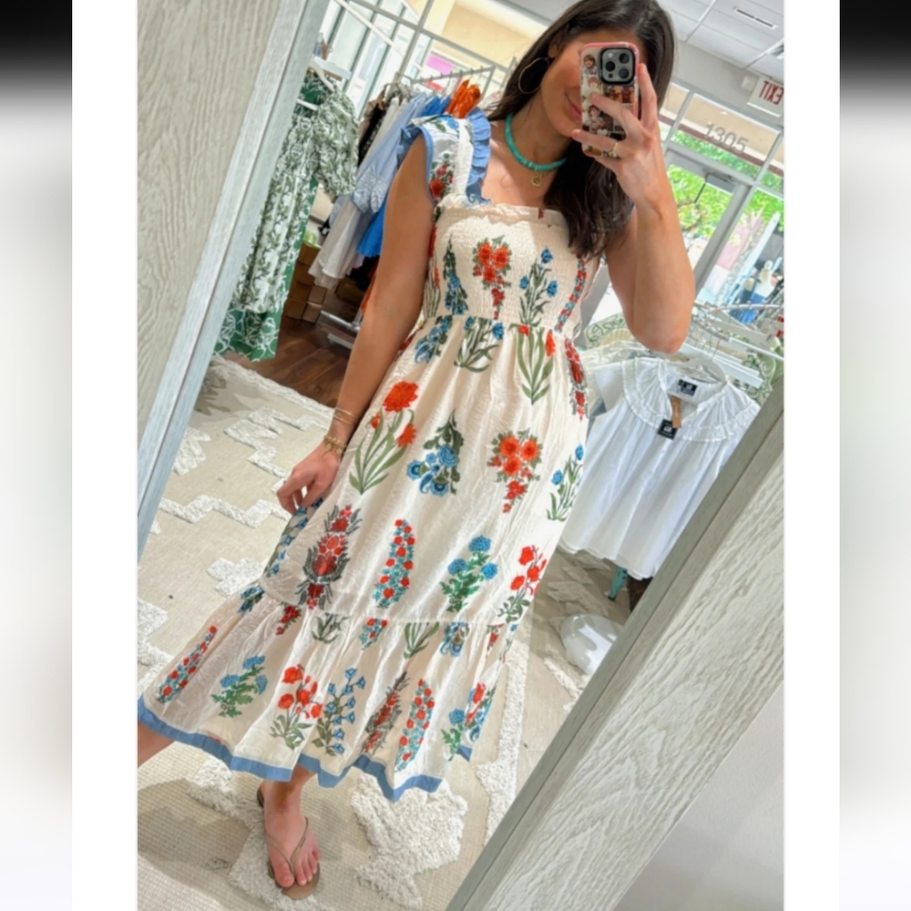 THML Cream Maxi Dress with Colorful Floral Embroidery